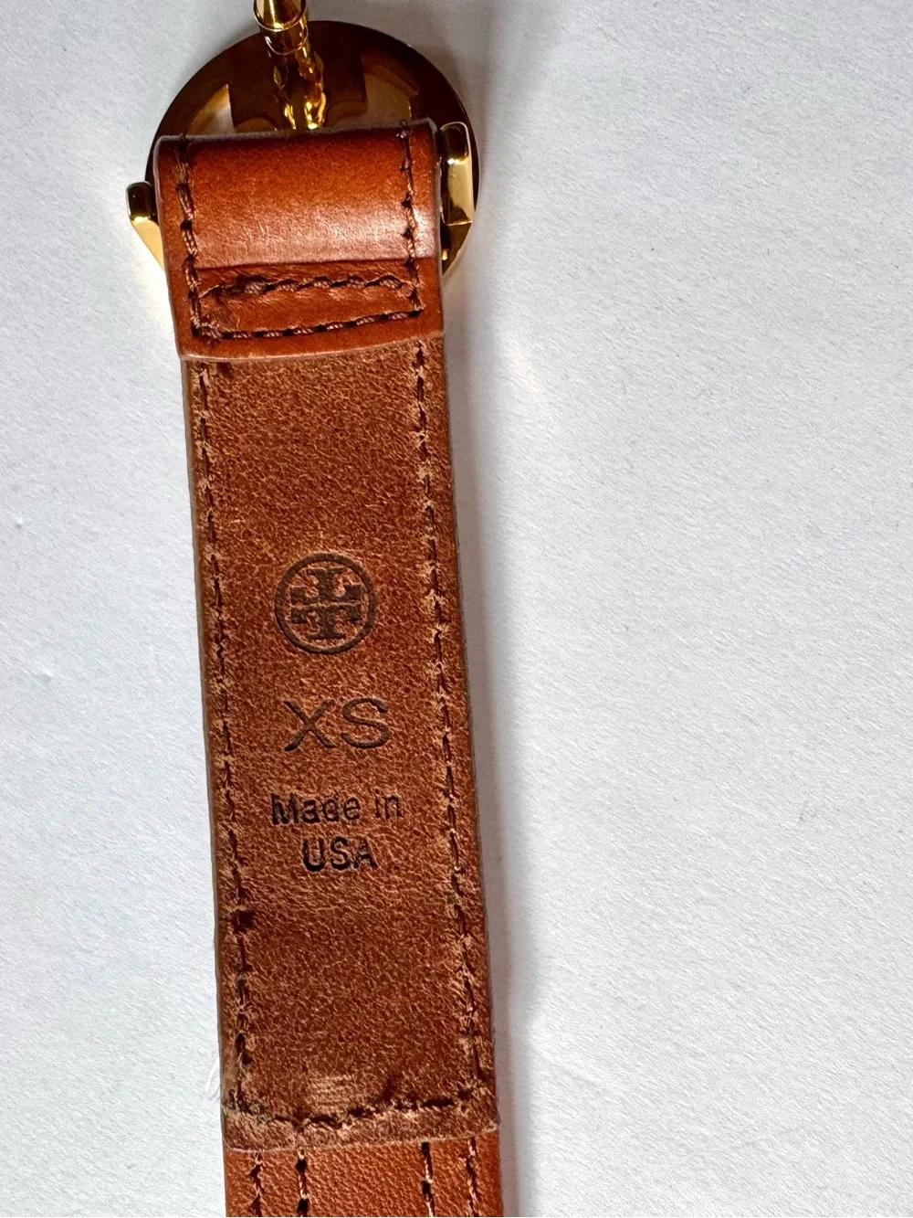 Tory Burch Cognac Leather Beaded Belt with Red and White Beads with TT Buckle XS